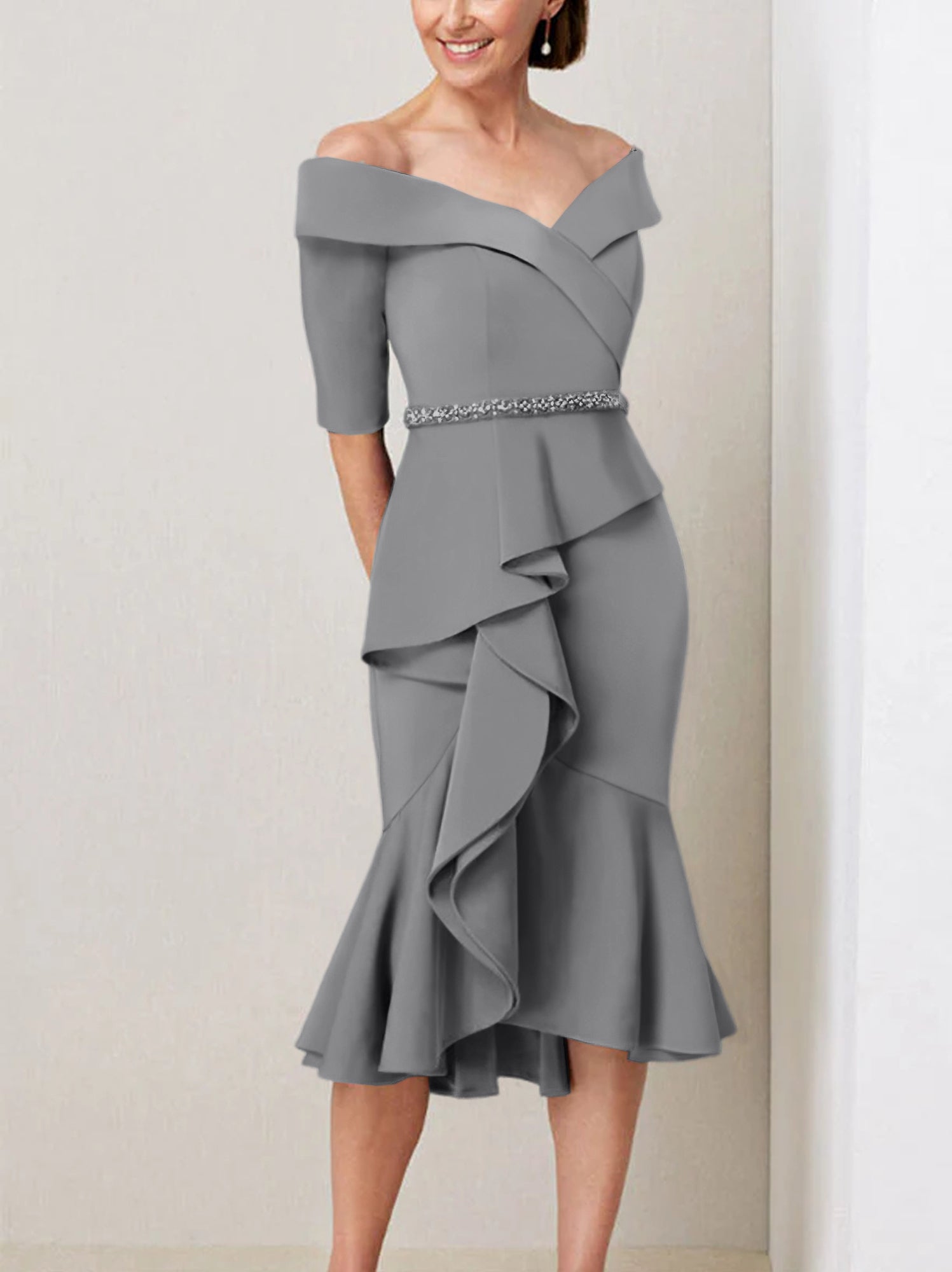 Off-the-Shoulder Beaded and Ruffled Mother of the Bride Sheath Dress with Half Sleeves