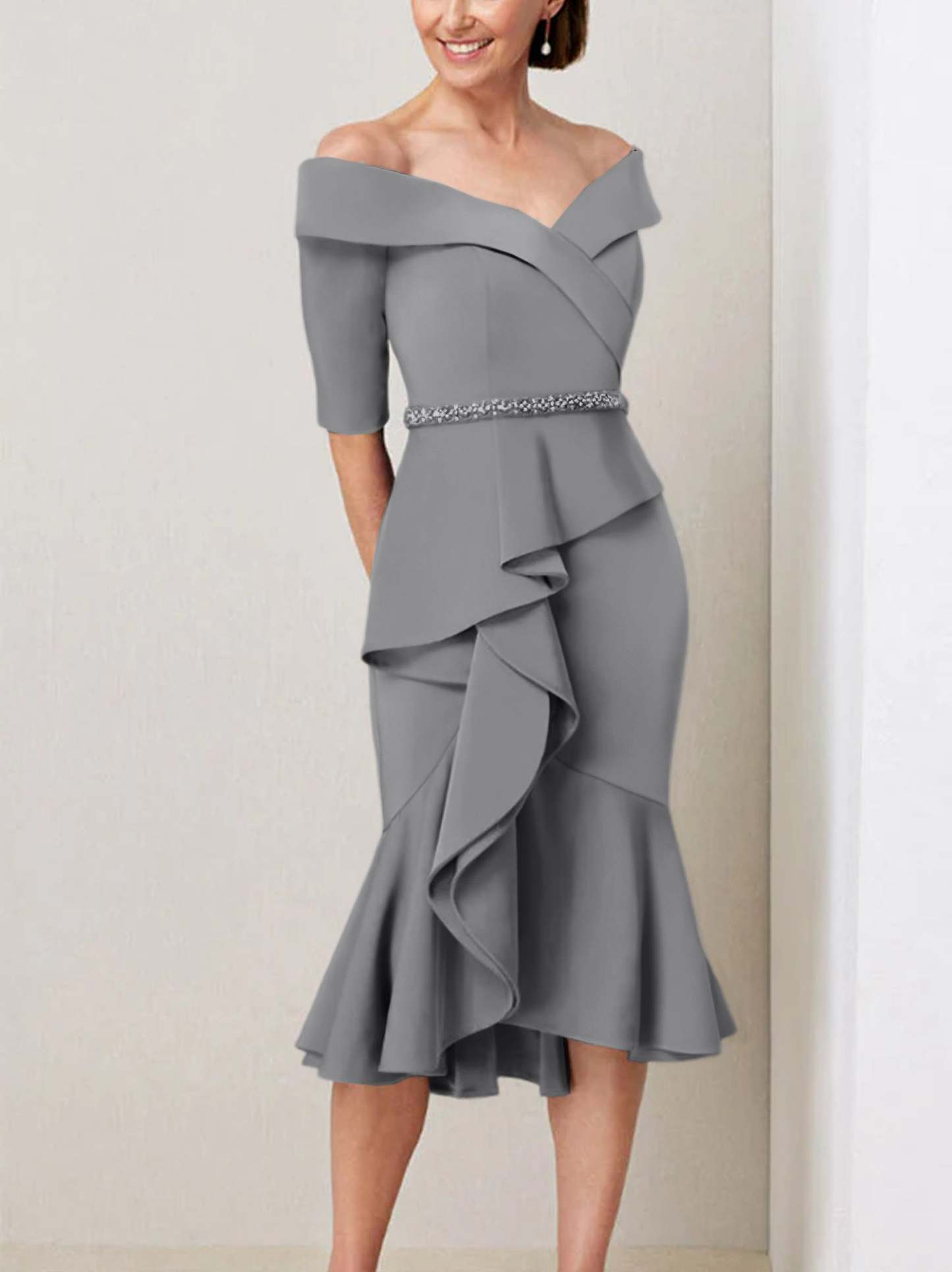 Off-the-Shoulder Beaded and Ruffled Mother of the Bride Sheath Dress with Half Sleeves