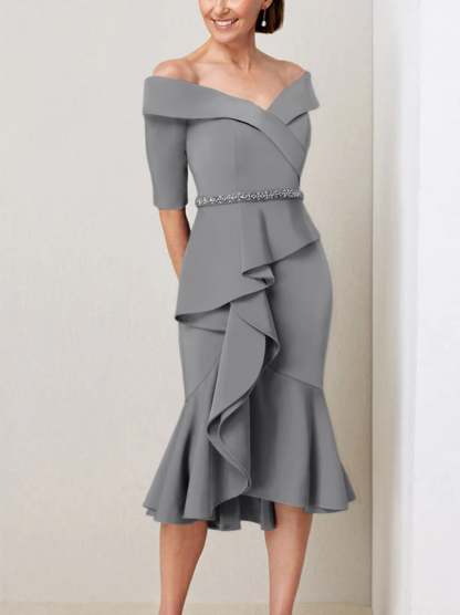 Off-the-Shoulder Beaded and Ruffled Mother of the Bride Sheath Dress with Half Sleeves
