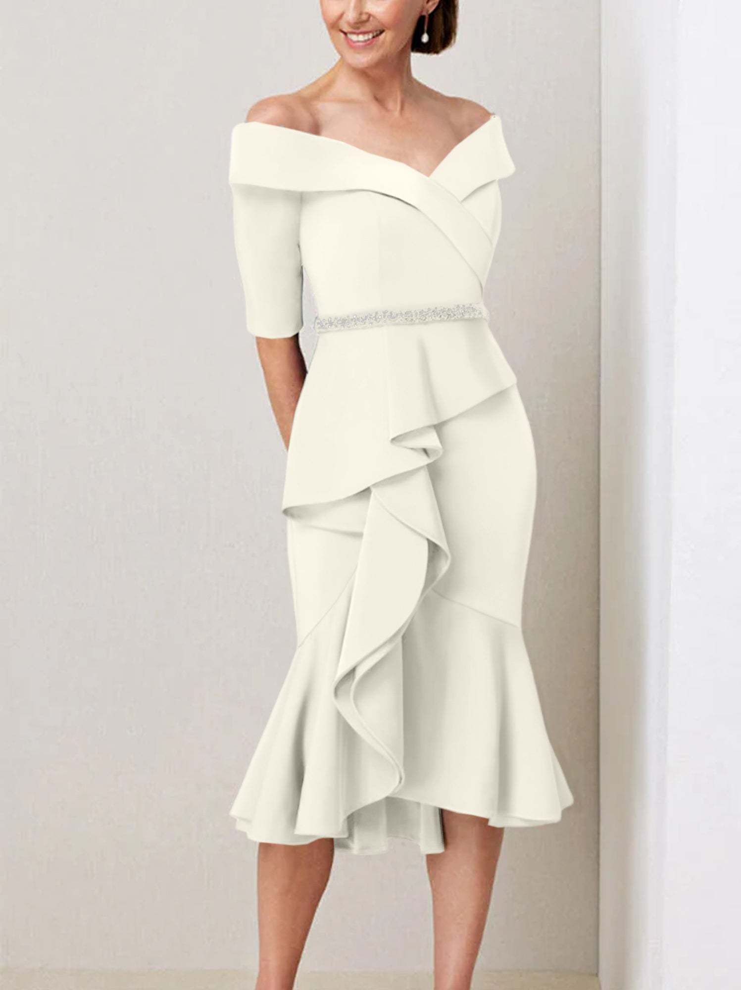 Off-the-Shoulder Beaded and Ruffled Mother of the Bride Sheath Dress with Half Sleeves