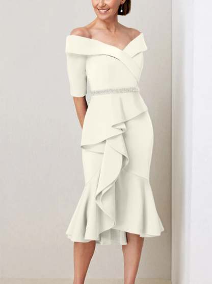 Off-the-Shoulder Beaded and Ruffled Mother of the Bride Sheath Dress with Half Sleeves
