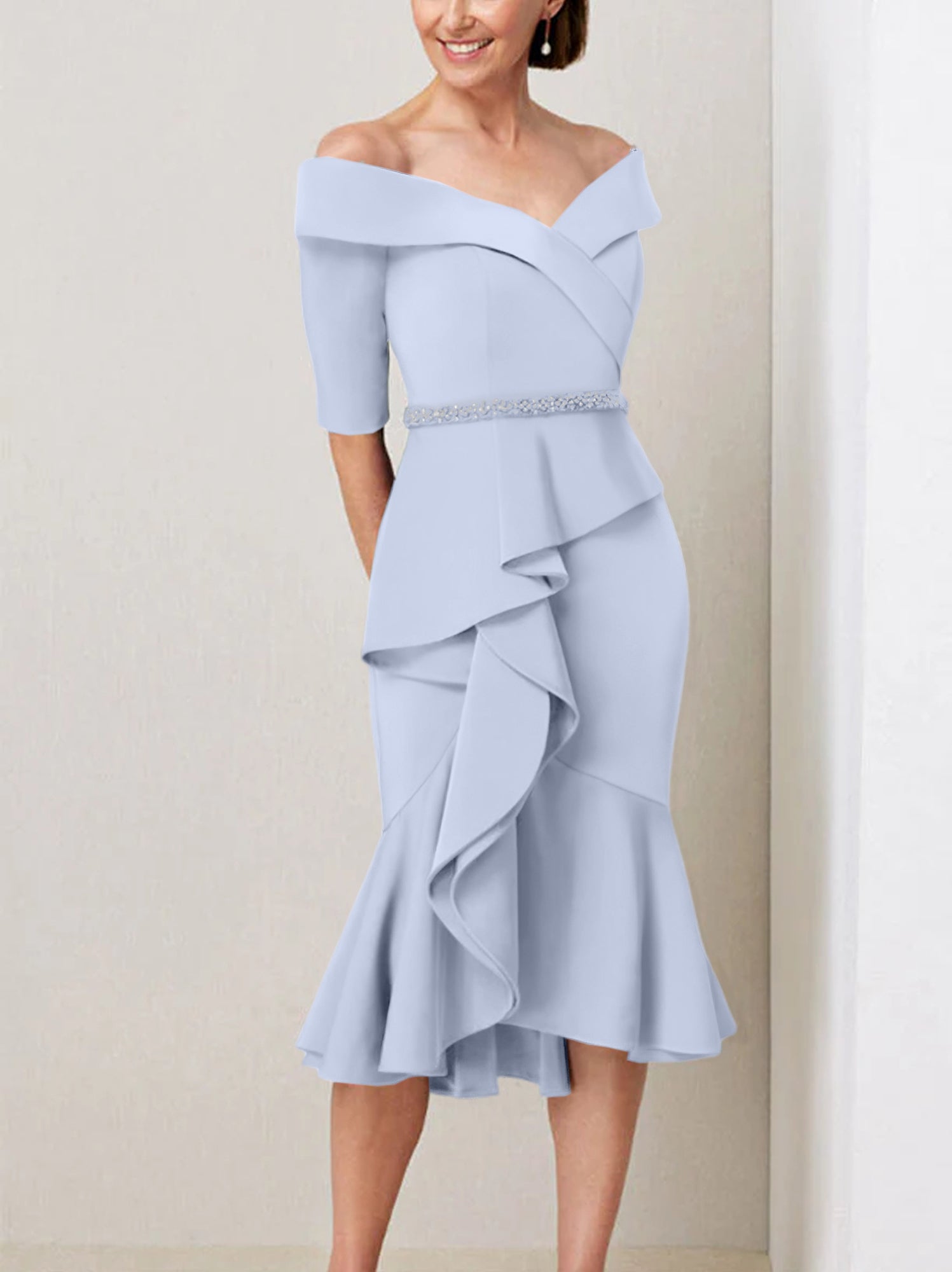Off-the-Shoulder Beaded and Ruffled Mother of the Bride Sheath Dress with Half Sleeves