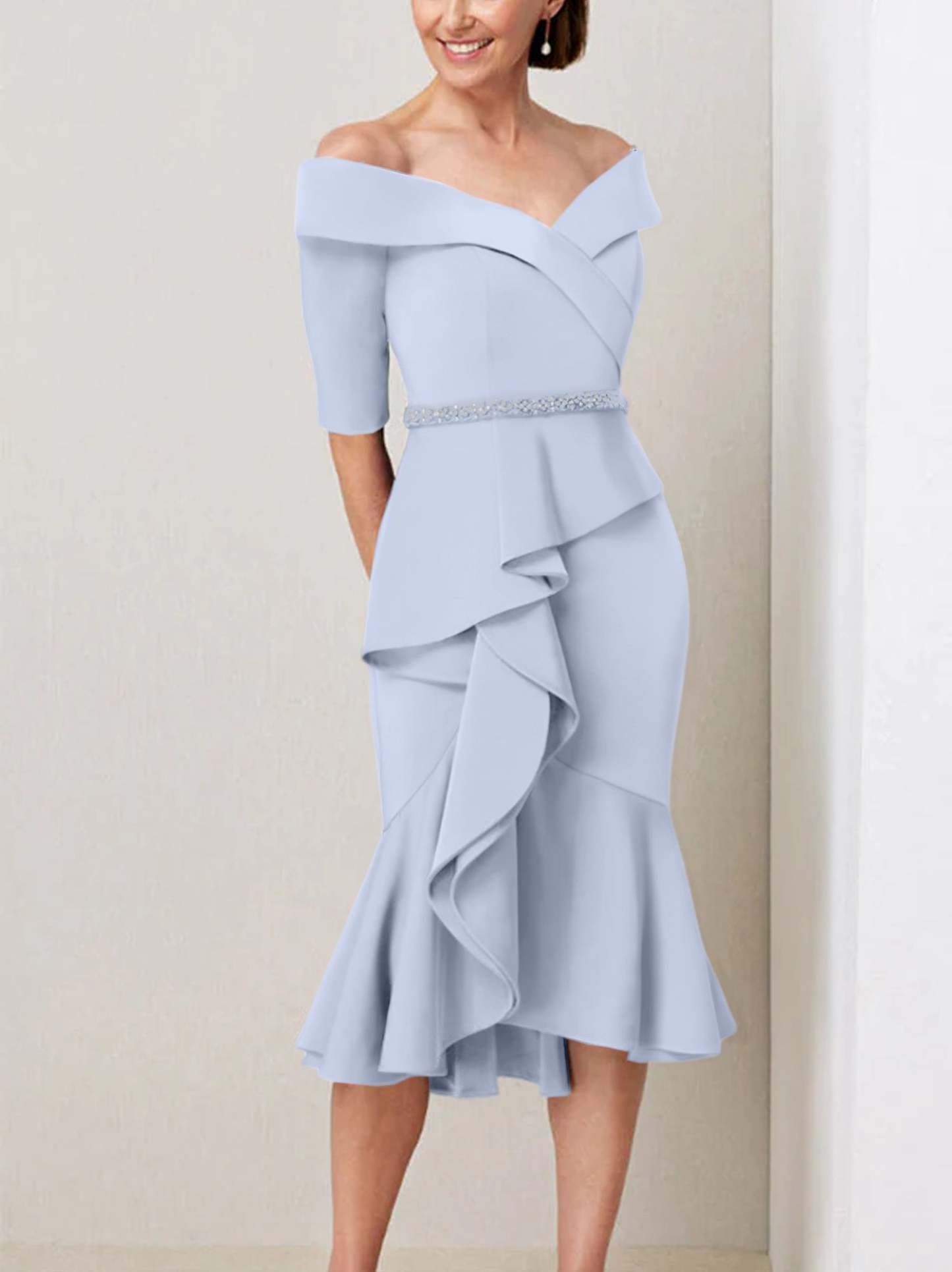 Off-the-Shoulder Beaded and Ruffled Mother of the Bride Sheath Dress with Half Sleeves