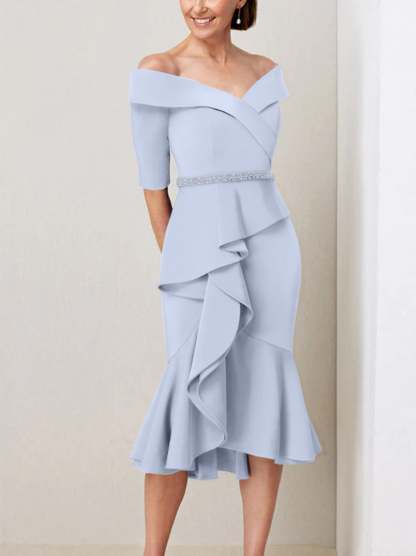 Off-the-Shoulder Beaded and Ruffled Mother of the Bride Sheath Dress with Half Sleeves