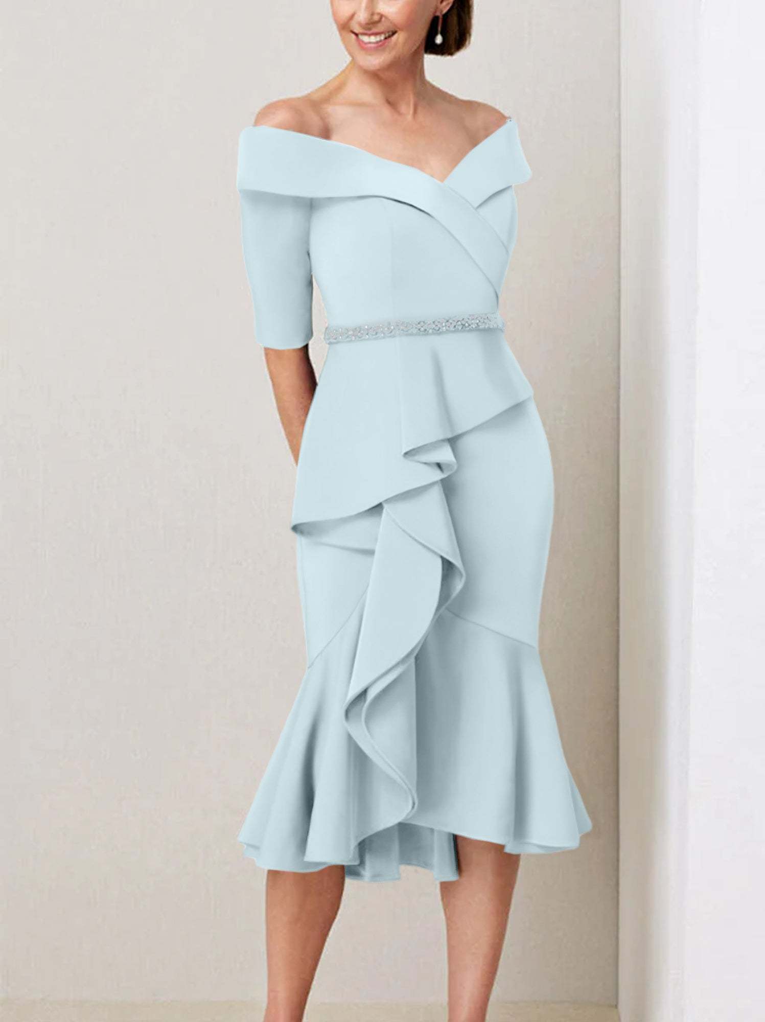 Off-the-Shoulder Beaded and Ruffled Mother of the Bride Sheath Dress with Half Sleeves
