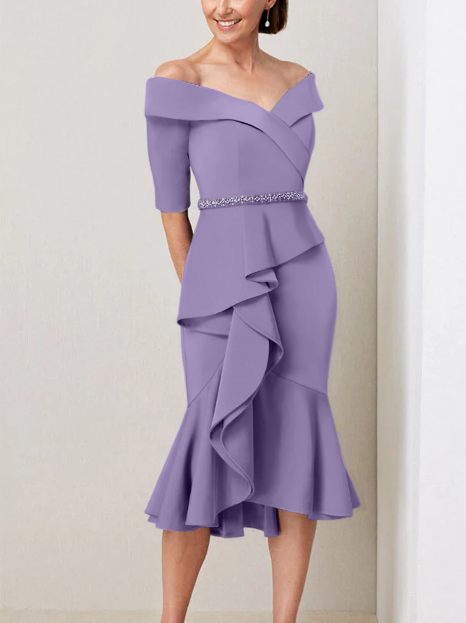Off-the-Shoulder Beaded and Ruffled Mother of the Bride Sheath Dress with Half Sleeves