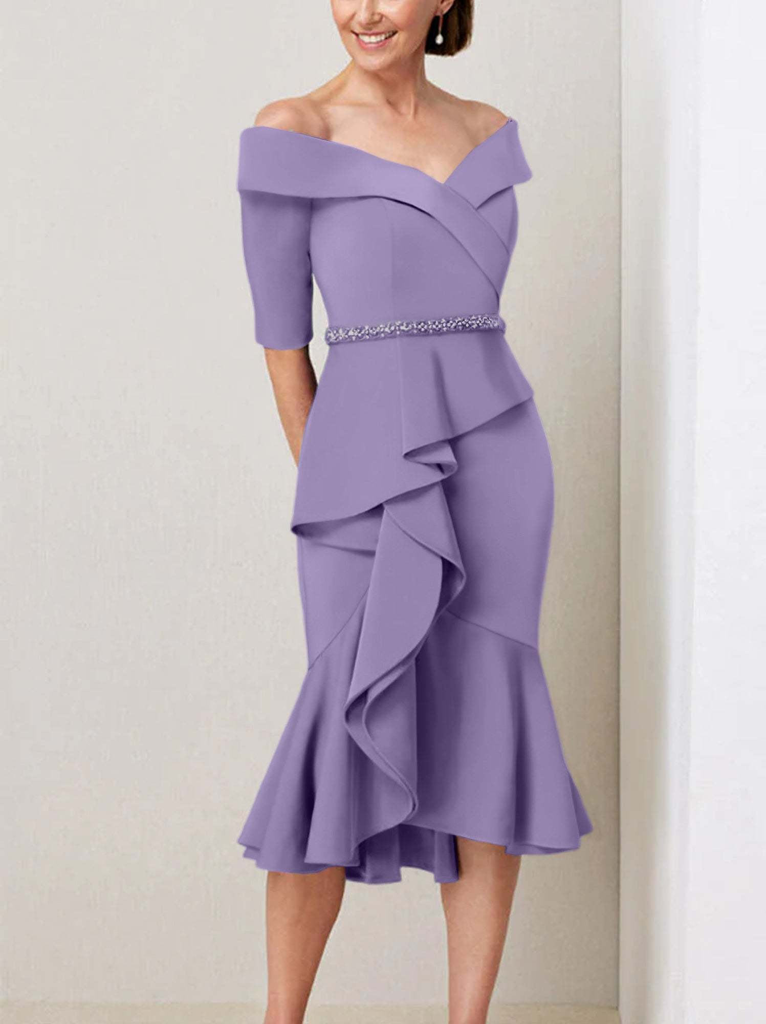Off-the-Shoulder Beaded and Ruffled Mother of the Bride Sheath Dress with Half Sleeves
