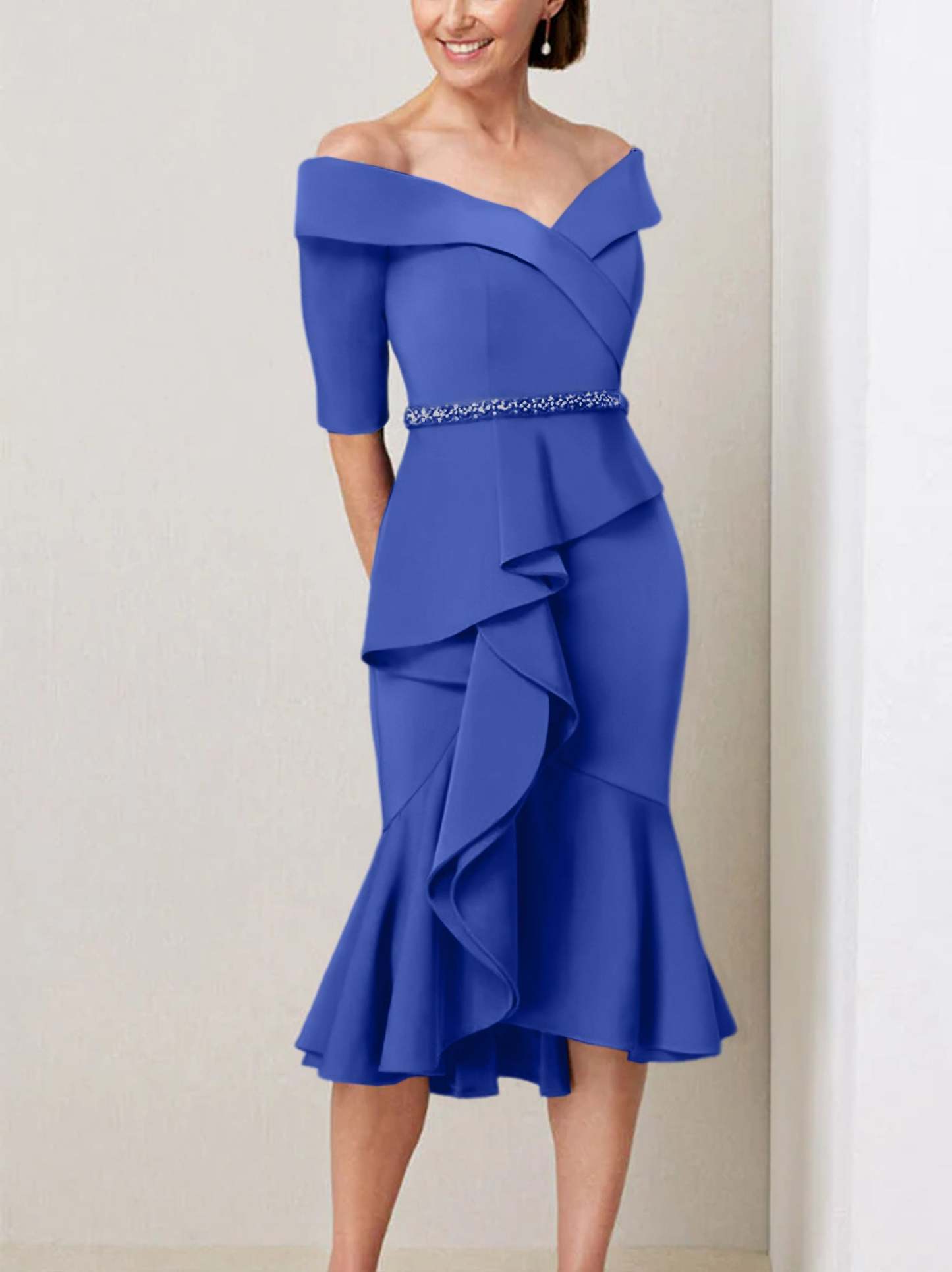 Off-the-Shoulder Beaded and Ruffled Mother of the Bride Sheath Dress with Half Sleeves