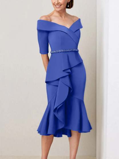 Off-the-Shoulder Beaded and Ruffled Mother of the Bride Sheath Dress with Half Sleeves