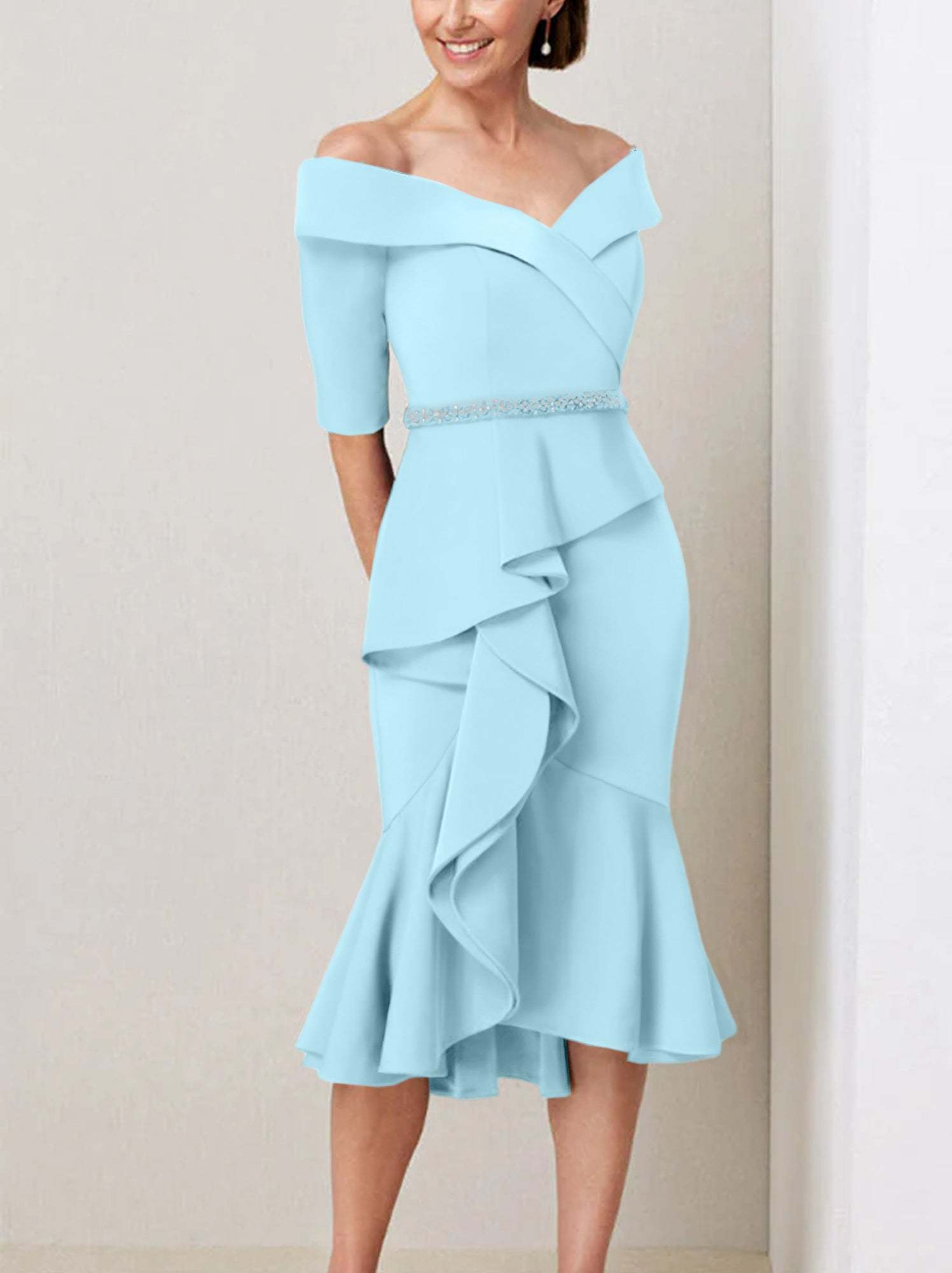 Off-the-Shoulder Beaded and Ruffled Mother of the Bride Sheath Dress with Half Sleeves