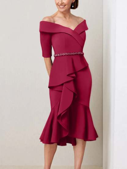Off-the-Shoulder Beaded and Ruffled Mother of the Bride Sheath Dress with Half Sleeves