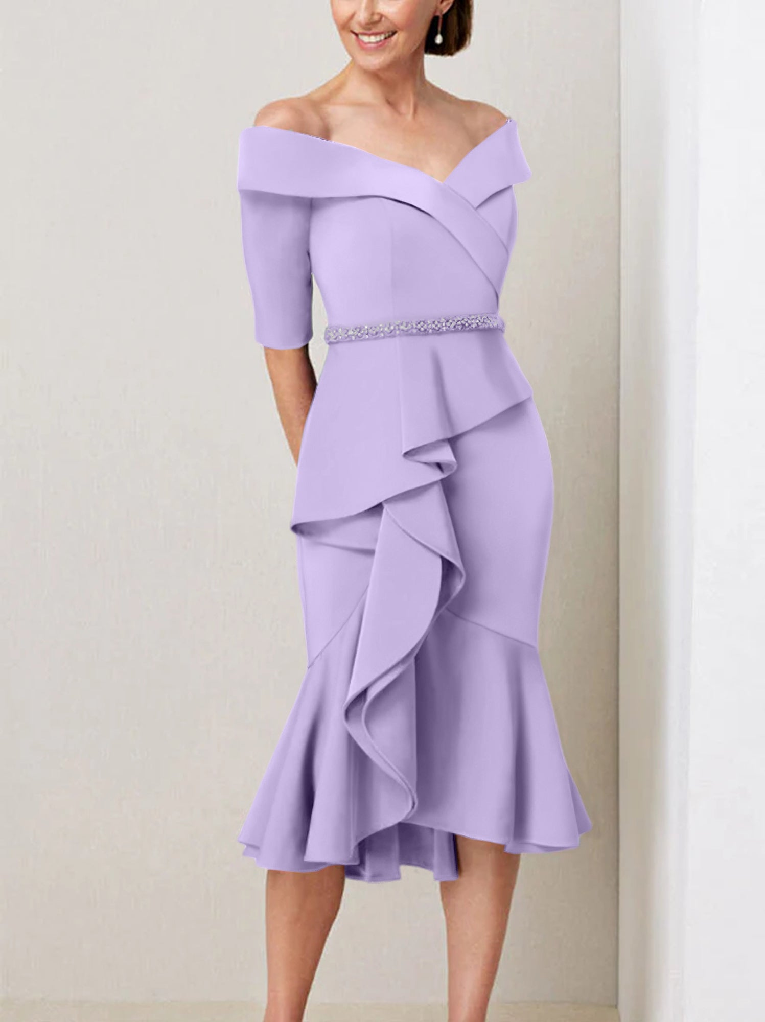 Off-the-Shoulder Beaded and Ruffled Mother of the Bride Sheath Dress with Half Sleeves