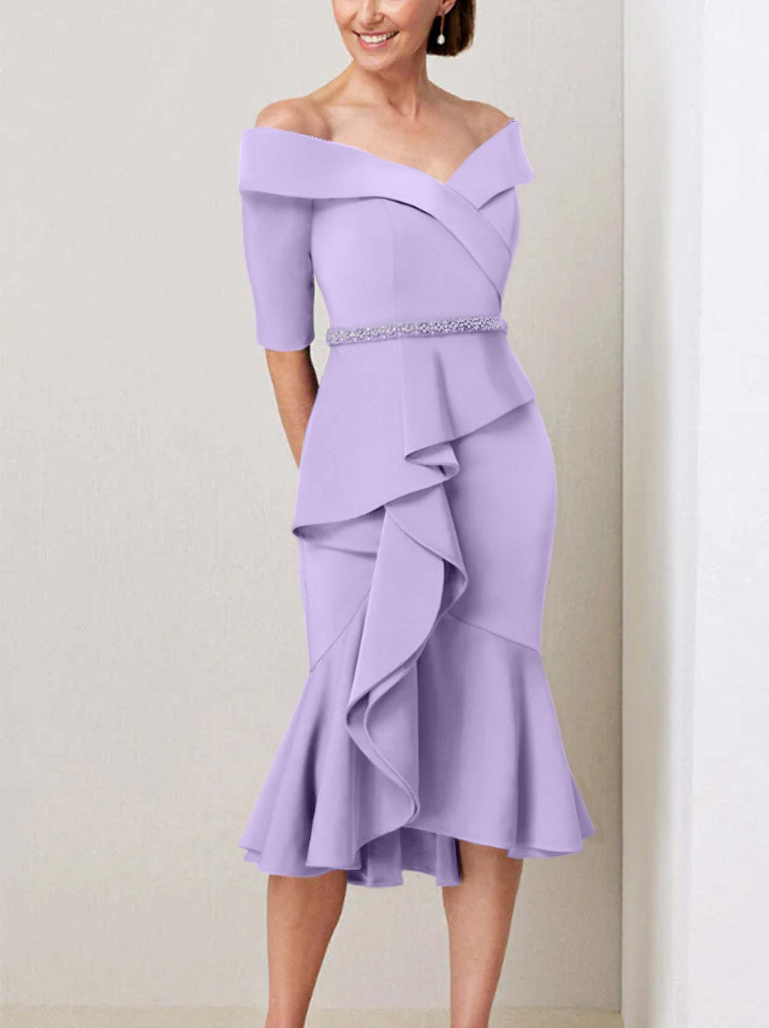 Off-the-Shoulder Beaded and Ruffled Mother of the Bride Sheath Dress with Half Sleeves