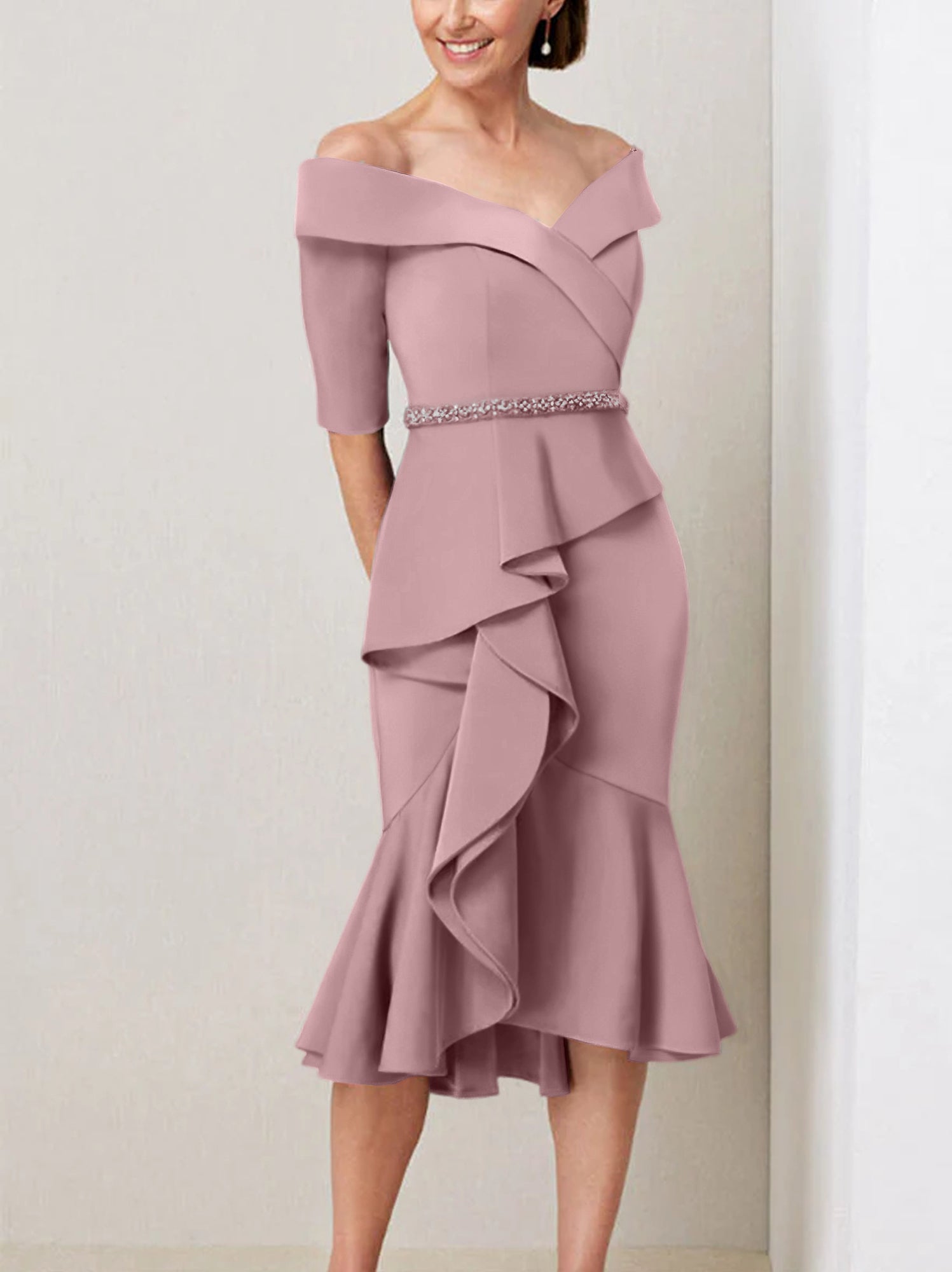 Off-the-Shoulder Beaded and Ruffled Mother of the Bride Sheath Dress with Half Sleeves
