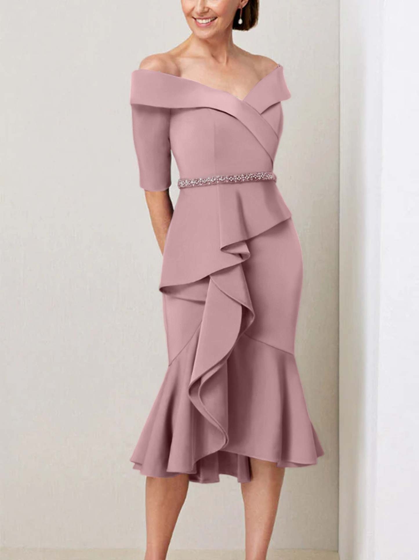 Off-the-Shoulder Beaded and Ruffled Mother of the Bride Sheath Dress with Half Sleeves