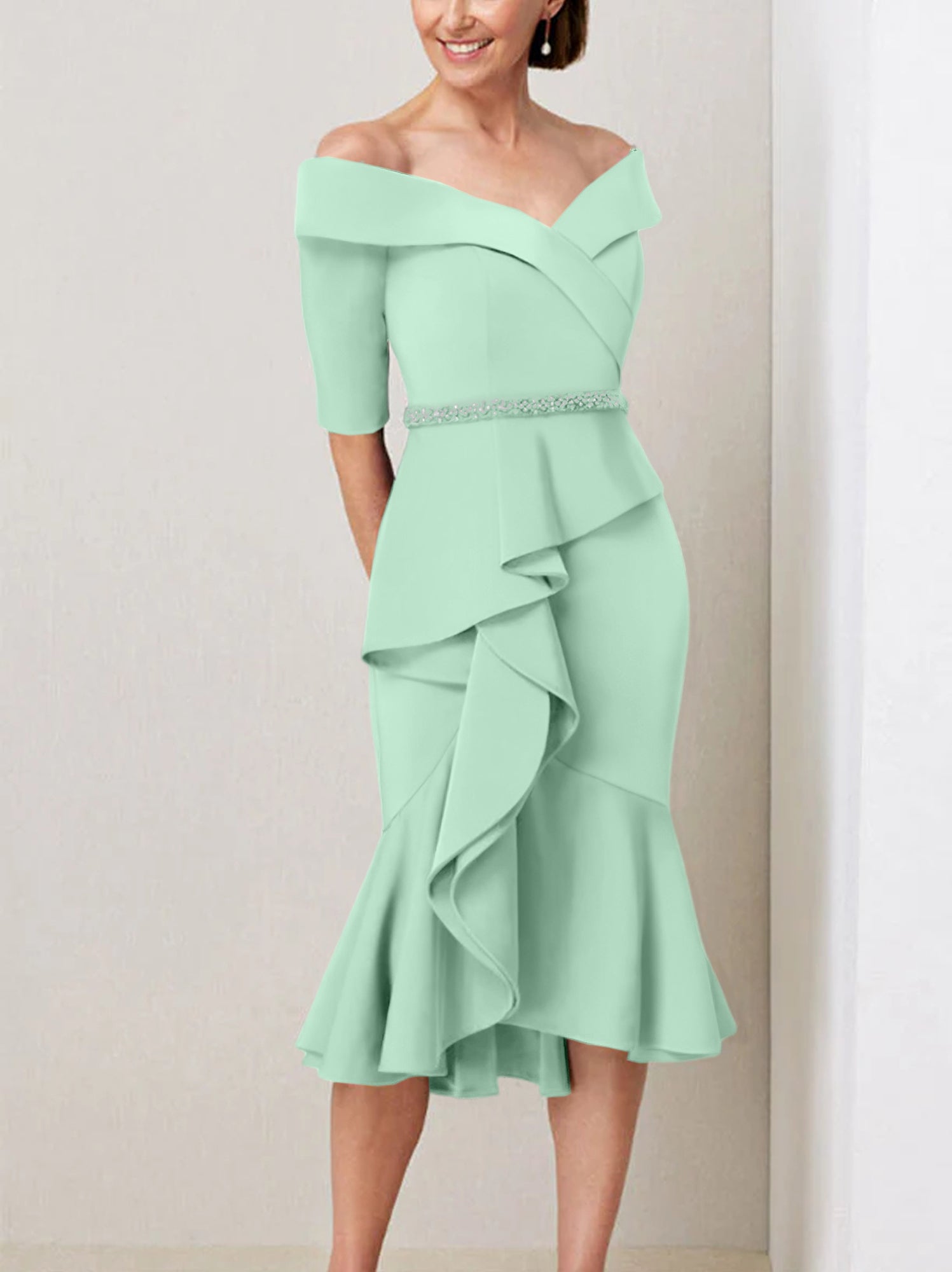 Off-the-Shoulder Beaded and Ruffled Mother of the Bride Sheath Dress with Half Sleeves
