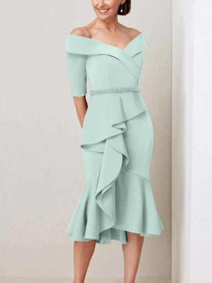 Off-the-Shoulder Beaded and Ruffled Mother of the Bride Sheath Dress with Half Sleeves
