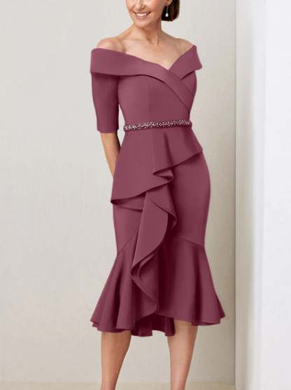 Off-the-Shoulder Beaded and Ruffled Mother of the Bride Sheath Dress with Half Sleeves