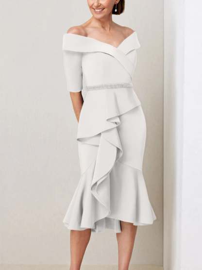 Off-the-Shoulder Beaded and Ruffled Mother of the Bride Sheath Dress with Half Sleeves