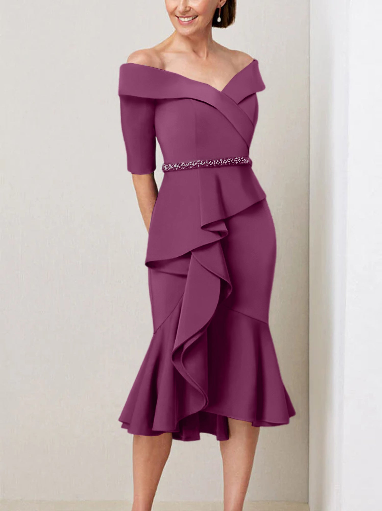 Off-the-Shoulder Beaded and Ruffled Mother of the Bride Sheath Dress with Half Sleeves