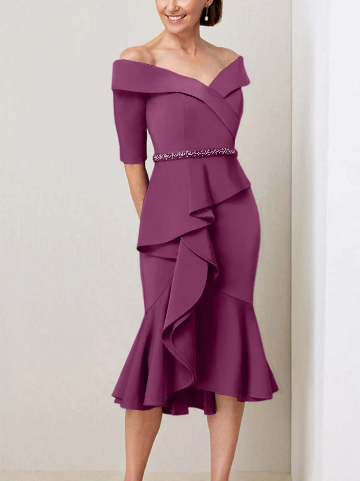 Off-the-Shoulder Beaded and Ruffled Mother of the Bride Sheath Dress with Half Sleeves