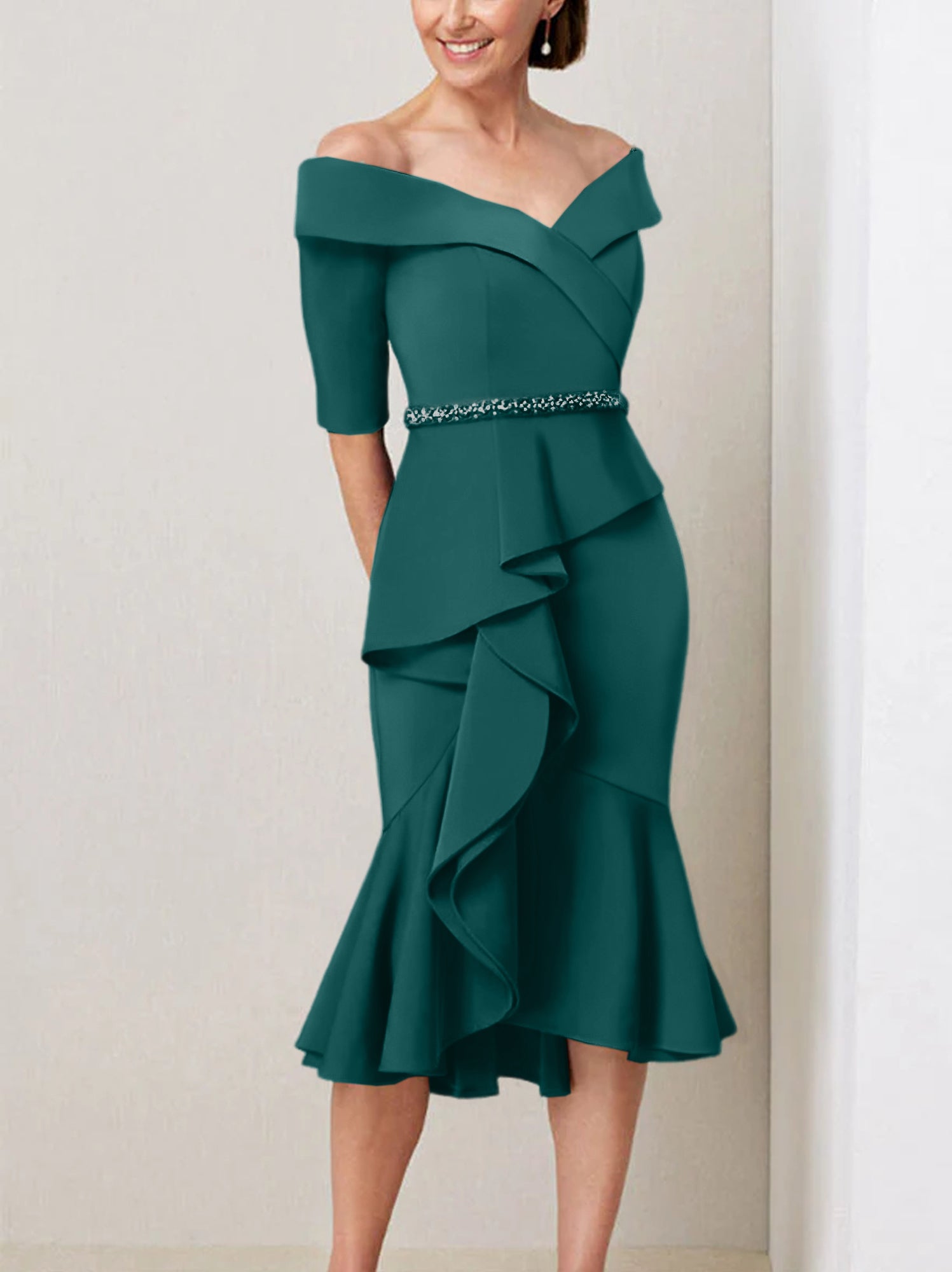 Off-the-Shoulder Beaded and Ruffled Mother of the Bride Sheath Dress with Half Sleeves