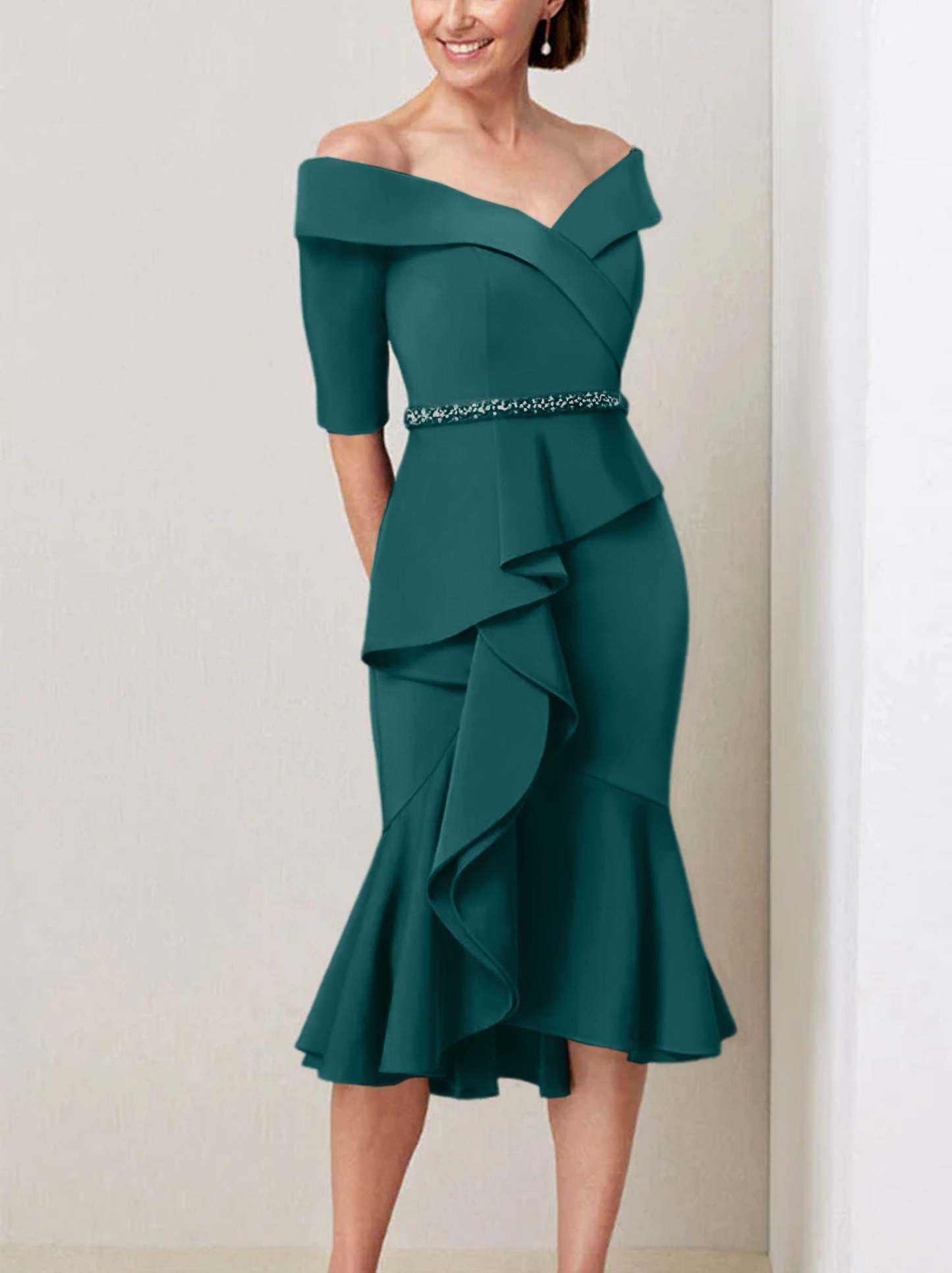 Off-the-Shoulder Beaded and Ruffled Mother of the Bride Sheath Dress with Half Sleeves