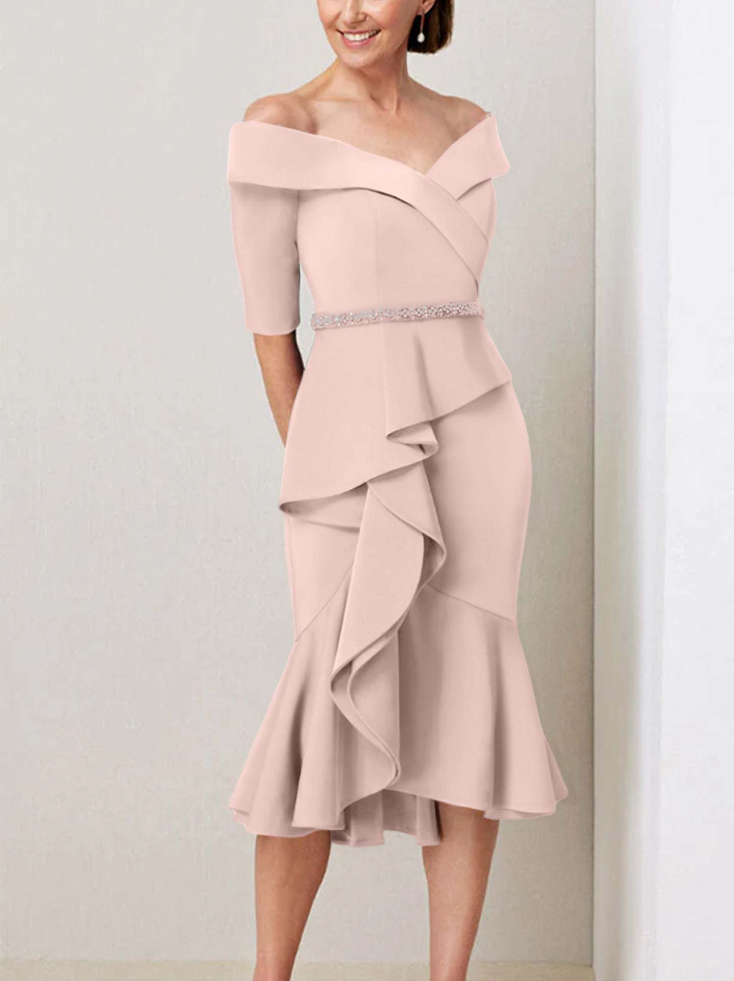 Off-the-Shoulder Beaded and Ruffled Mother of the Bride Sheath Dress with Half Sleeves
