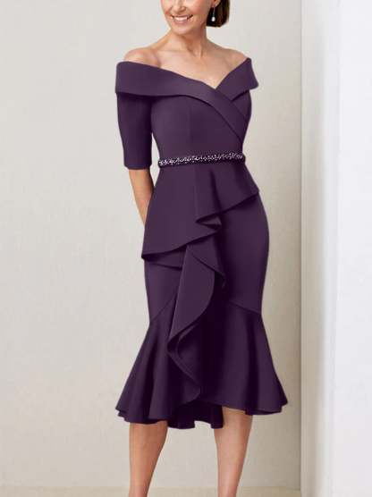 Off-the-Shoulder Beaded and Ruffled Mother of the Bride Sheath Dress with Half Sleeves