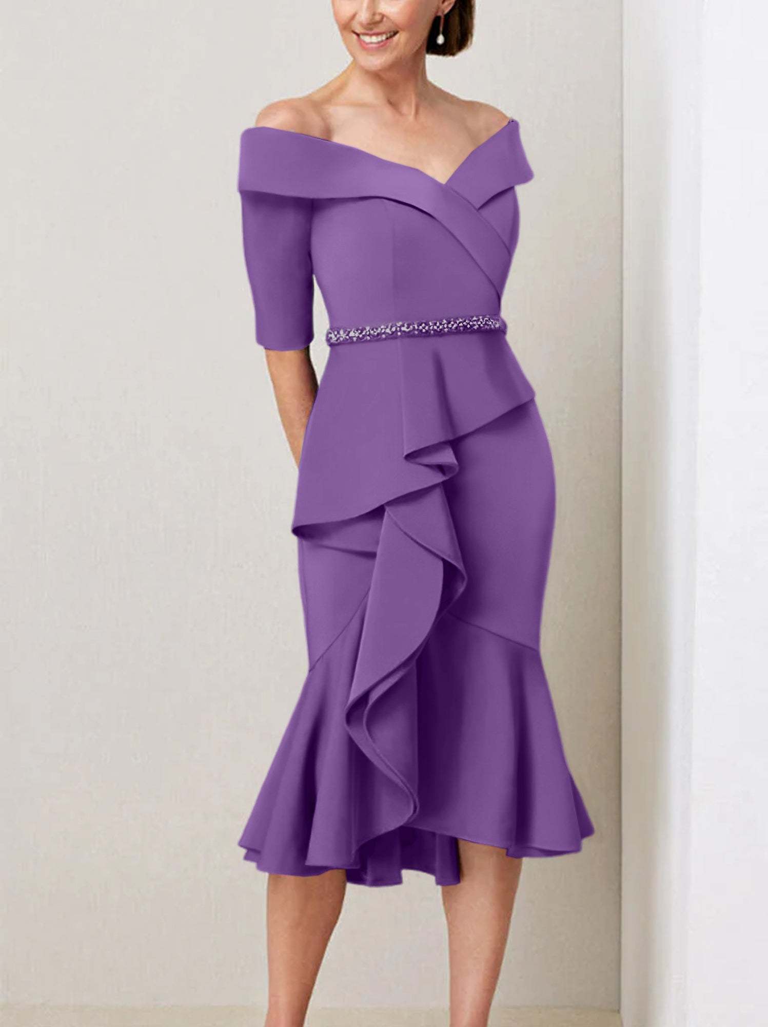 Off-the-Shoulder Beaded and Ruffled Mother of the Bride Sheath Dress with Half Sleeves
