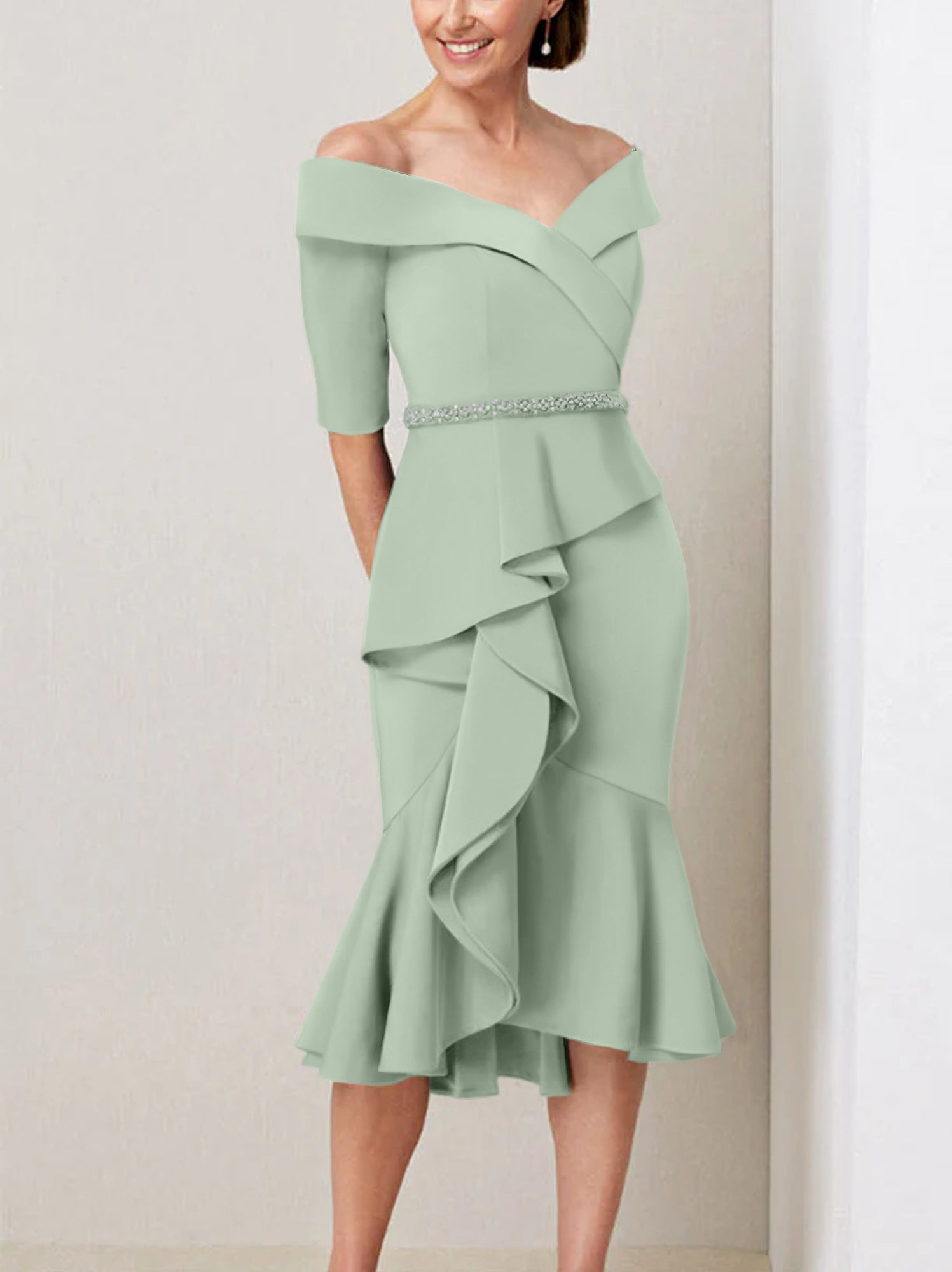 Off-the-Shoulder Beaded and Ruffled Mother of the Bride Sheath Dress with Half Sleeves