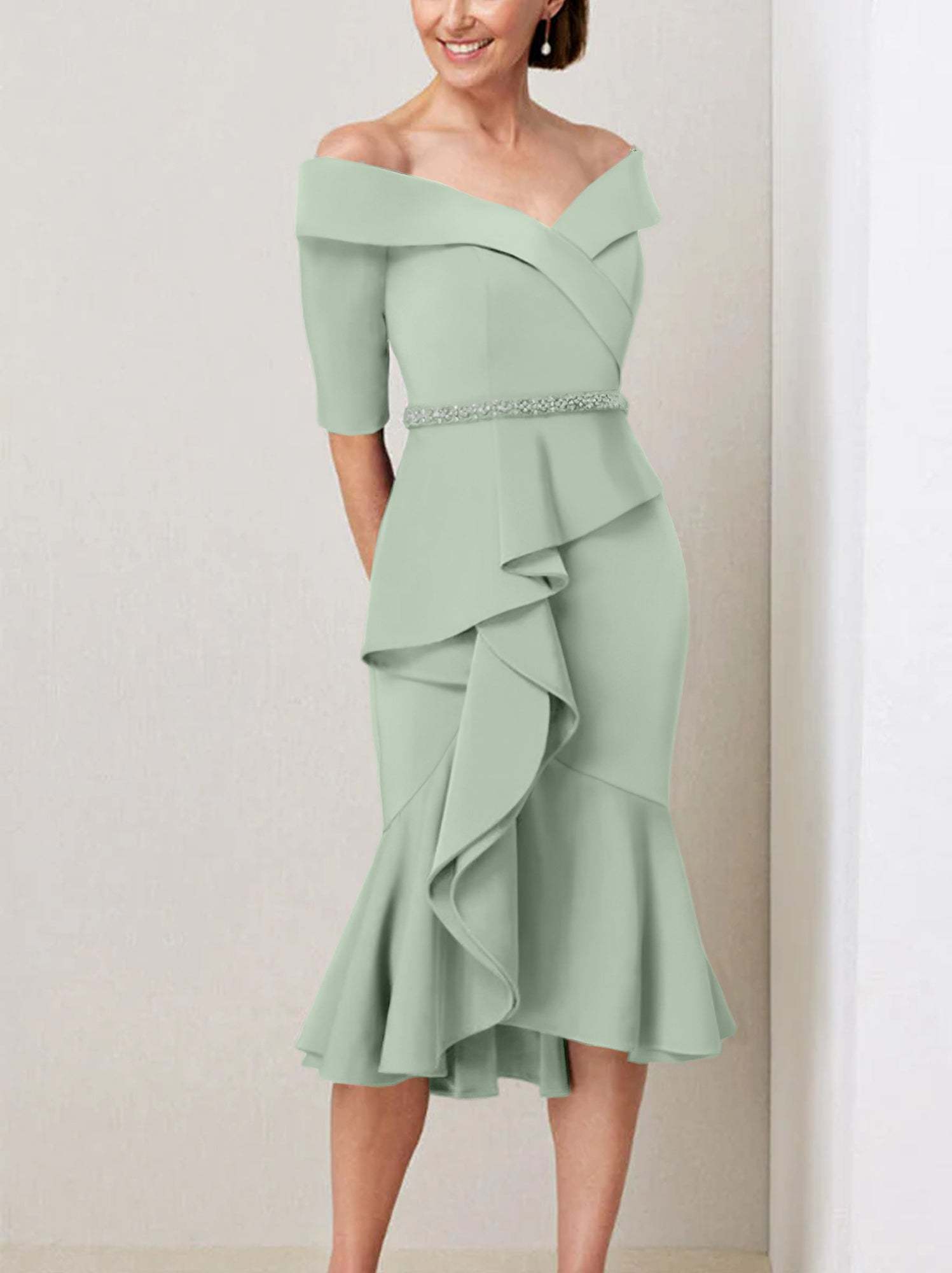 Off-the-Shoulder Beaded and Ruffled Mother of the Bride Sheath Dress with Half Sleeves