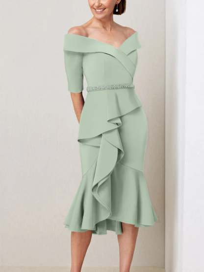 Off-the-Shoulder Beaded and Ruffled Mother of the Bride Sheath Dress with Half Sleeves
