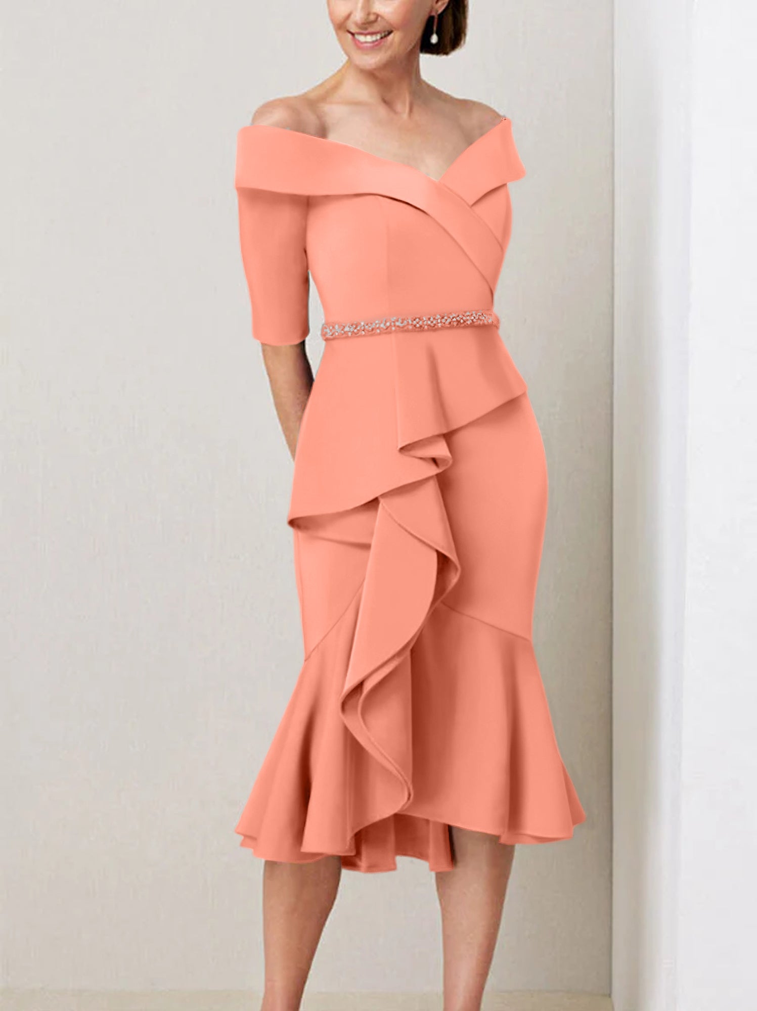 Off-the-Shoulder Beaded and Ruffled Mother of the Bride Sheath Dress with Half Sleeves