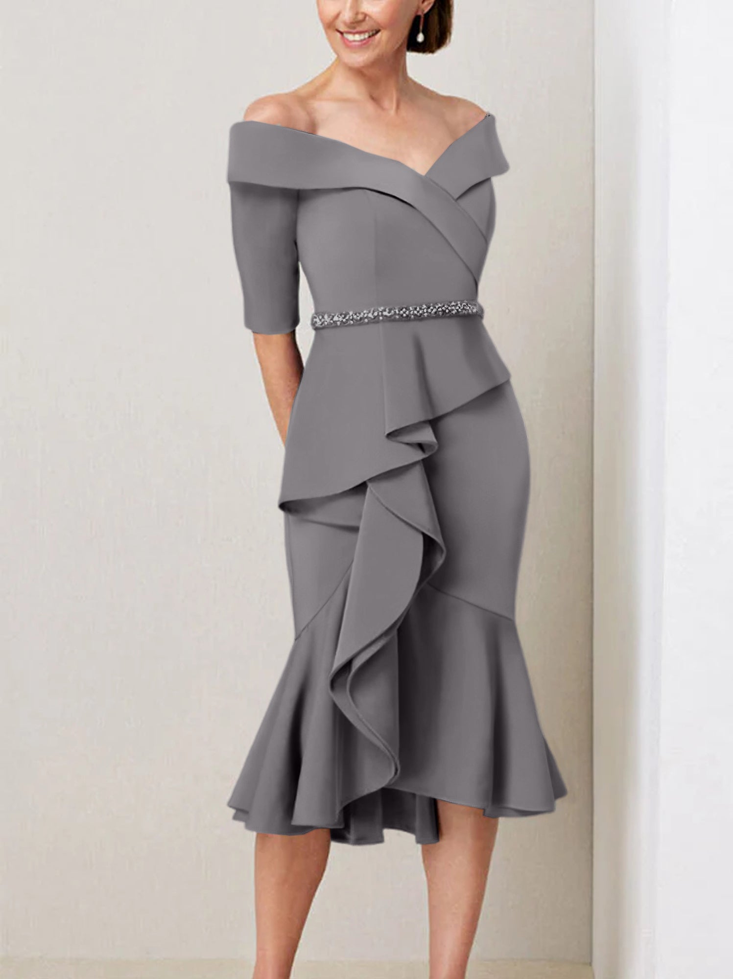 Off-the-Shoulder Beaded and Ruffled Mother of the Bride Sheath Dress with Half Sleeves