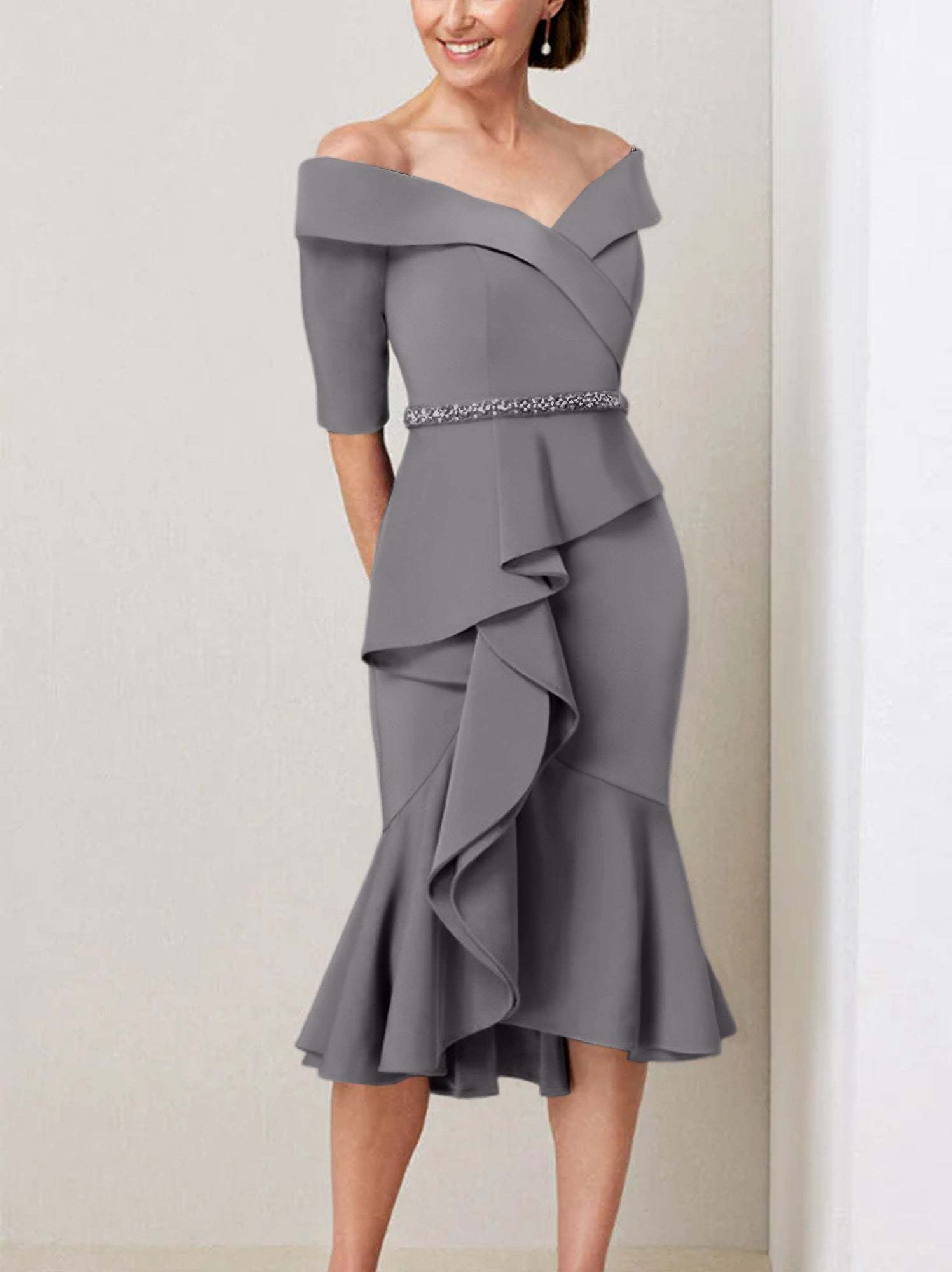 Off-the-Shoulder Beaded and Ruffled Mother of the Bride Sheath Dress with Half Sleeves