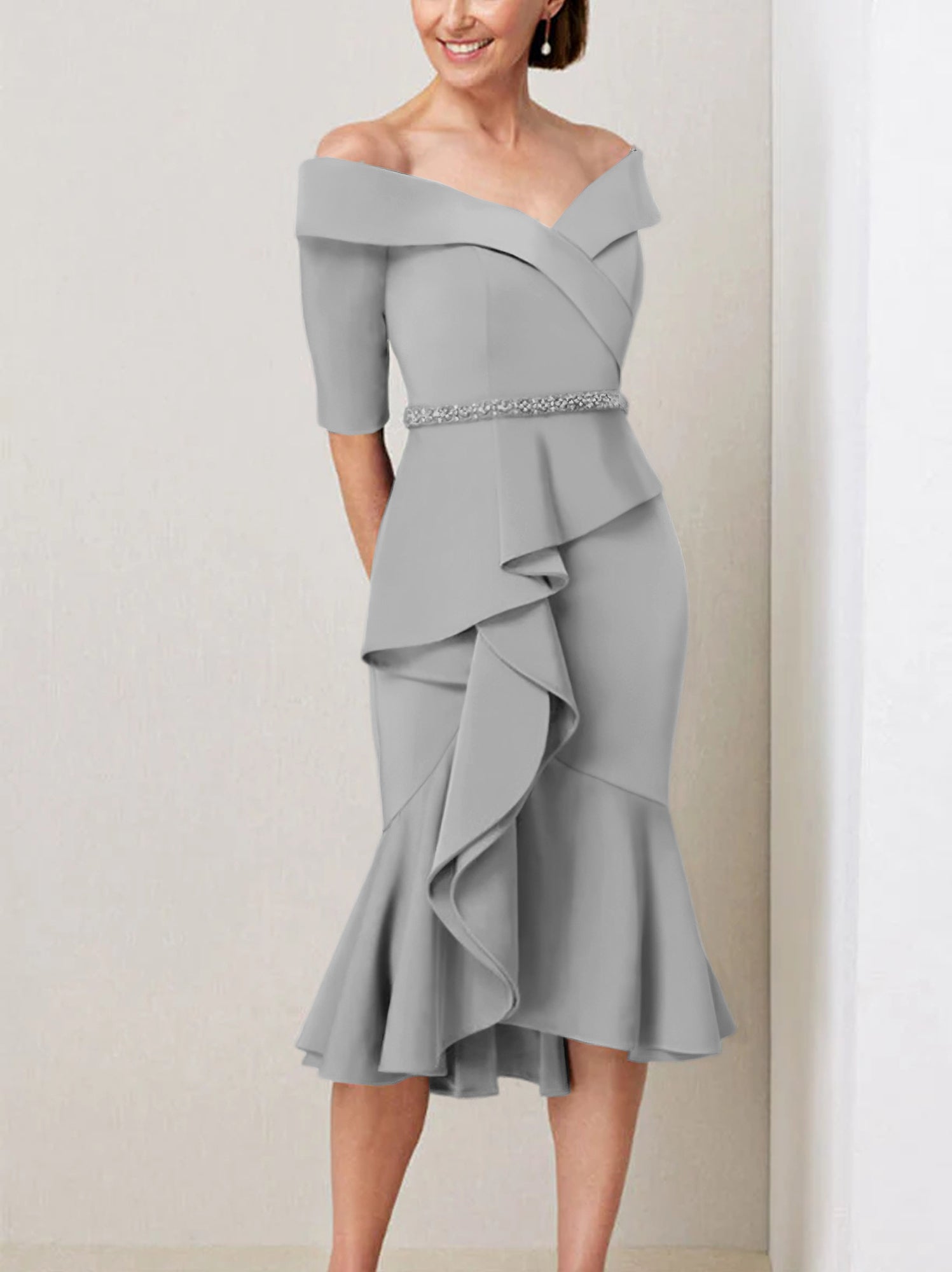 Off-the-Shoulder Beaded and Ruffled Mother of the Bride Sheath Dress with Half Sleeves