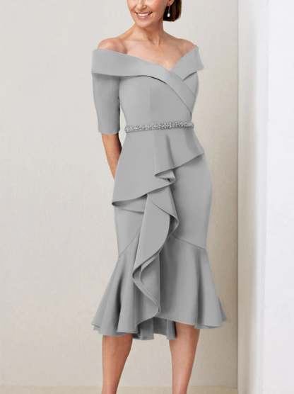 Off-the-Shoulder Beaded and Ruffled Mother of the Bride Sheath Dress with Half Sleeves
