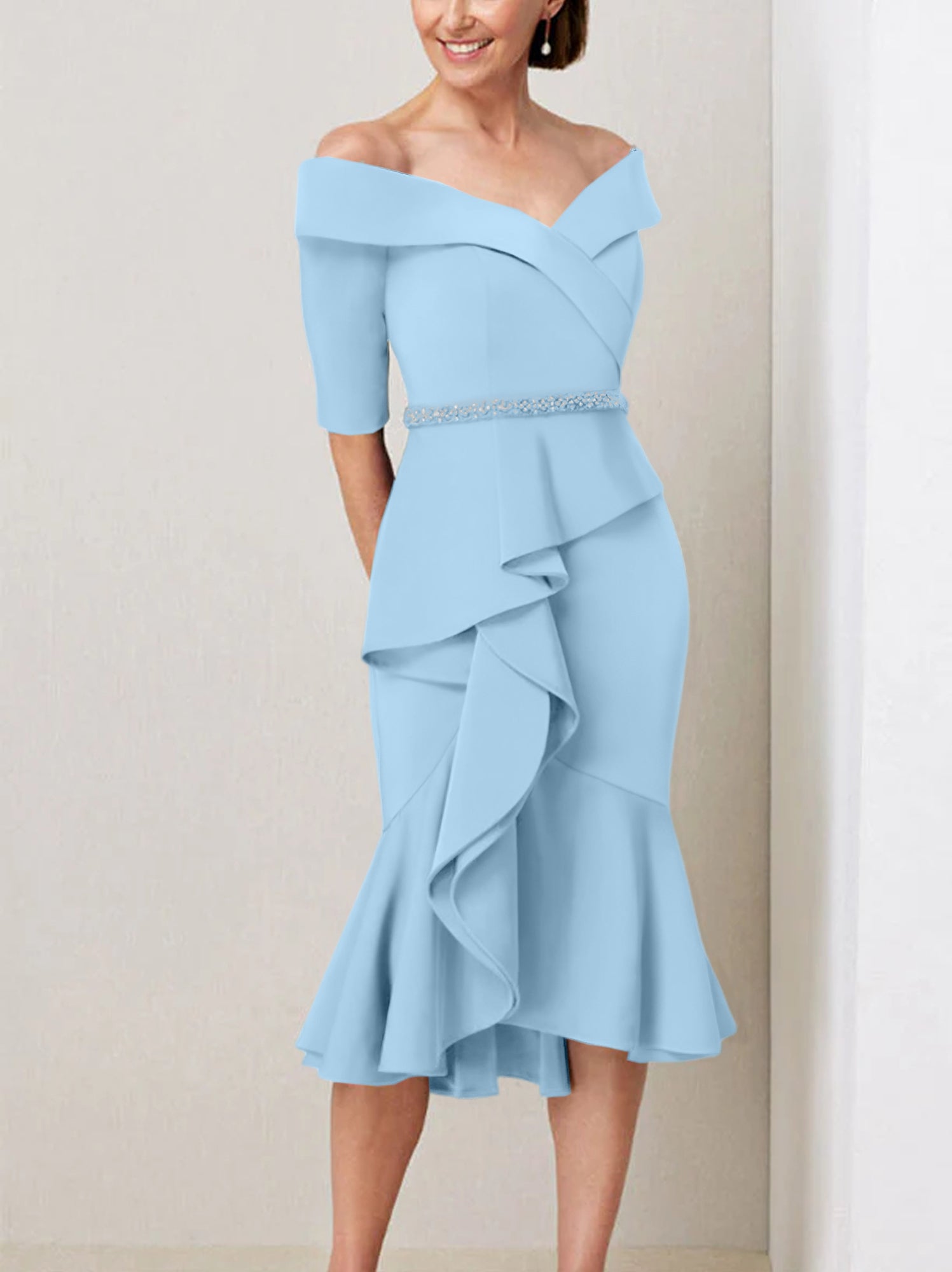 Off-the-Shoulder Beaded and Ruffled Mother of the Bride Sheath Dress with Half Sleeves
