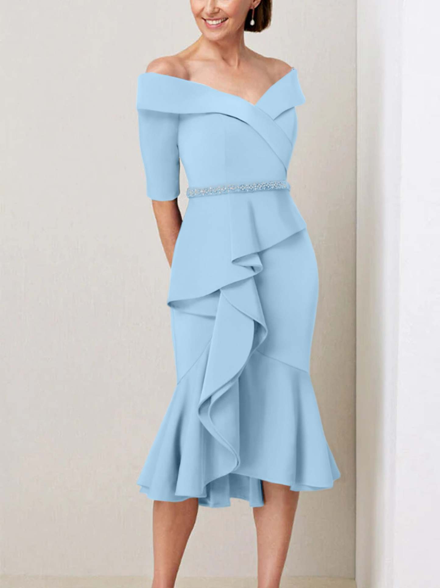 Off-the-Shoulder Beaded and Ruffled Mother of the Bride Sheath Dress with Half Sleeves