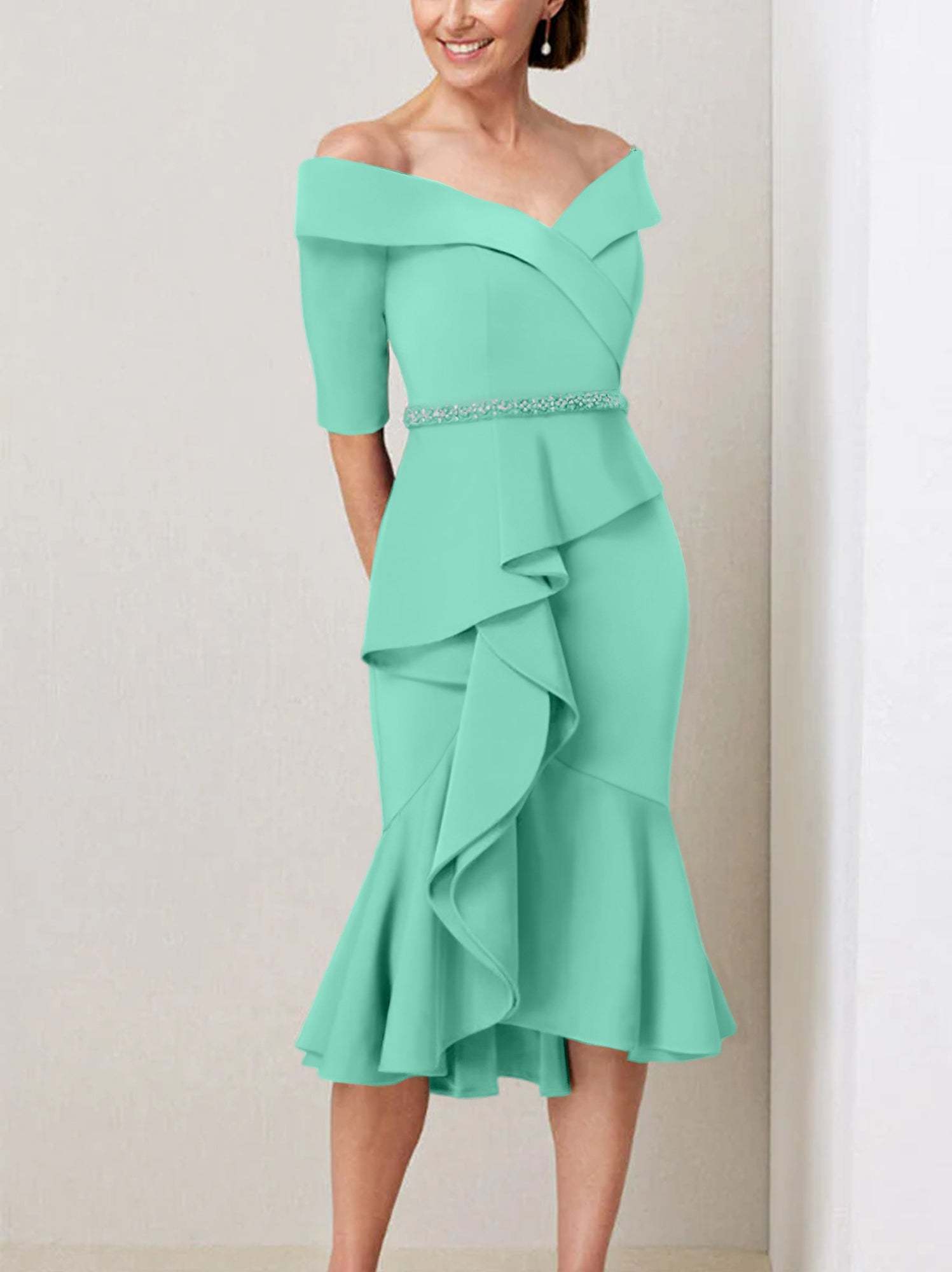Off-the-Shoulder Beaded and Ruffled Mother of the Bride Sheath Dress with Half Sleeves