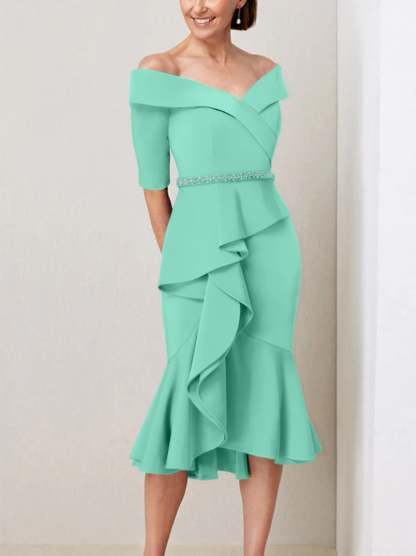 Off-the-Shoulder Beaded and Ruffled Mother of the Bride Sheath Dress with Half Sleeves