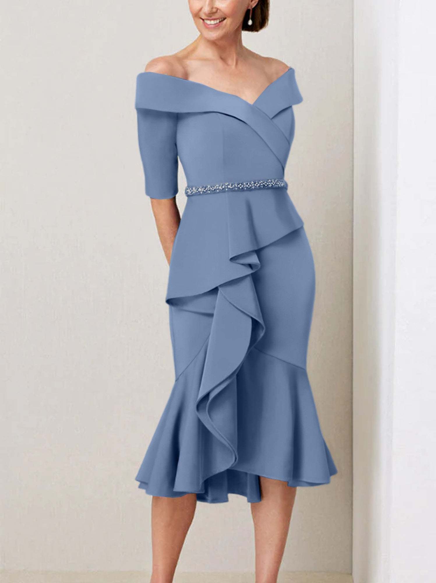 Off-the-Shoulder Beaded and Ruffled Mother of the Bride Sheath Dress with Half Sleeves