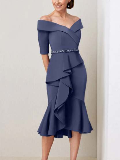 Off-the-Shoulder Beaded and Ruffled Mother of the Bride Sheath Dress with Half Sleeves
