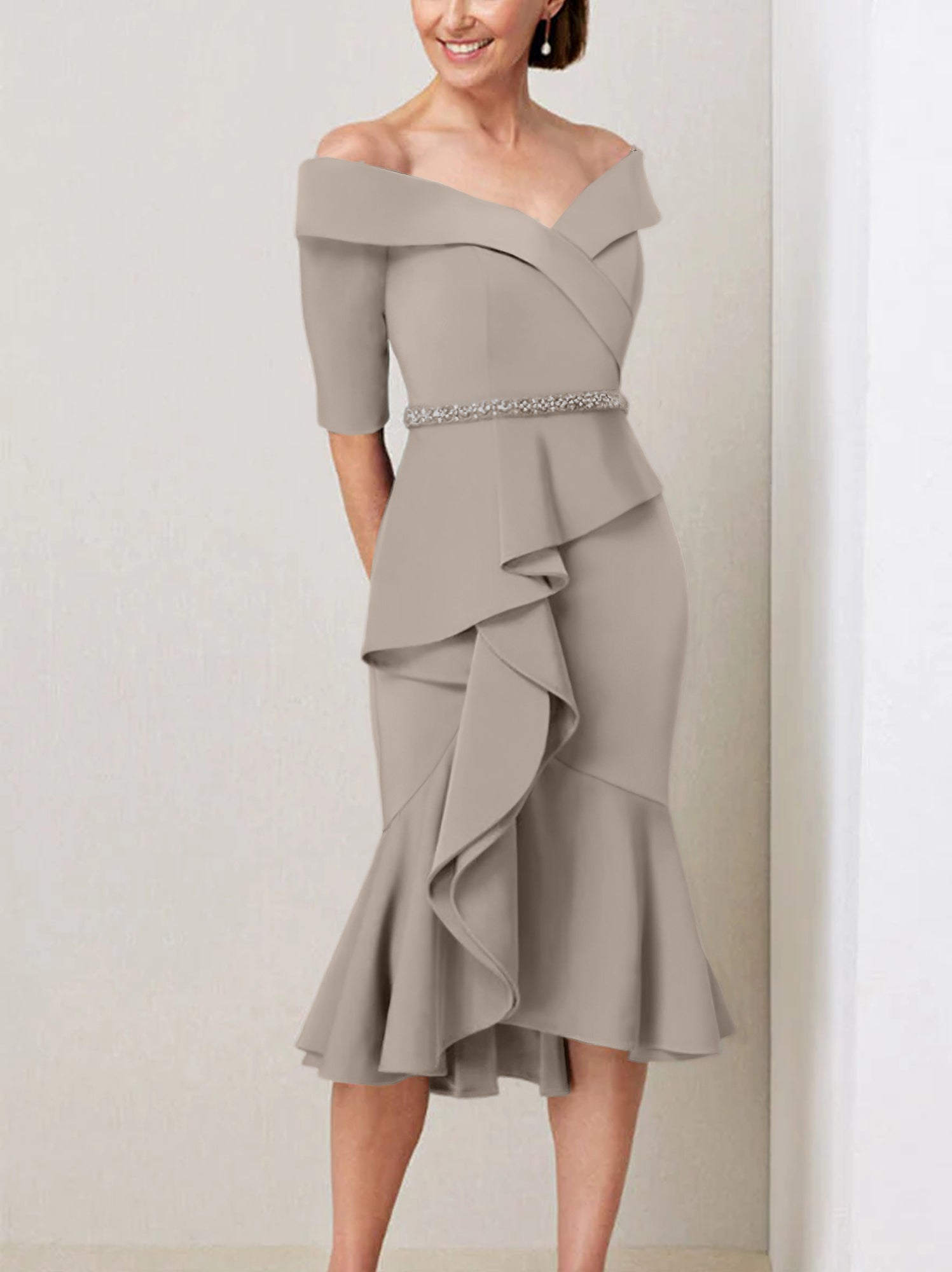 Off-the-Shoulder Beaded and Ruffled Mother of the Bride Sheath Dress with Half Sleeves