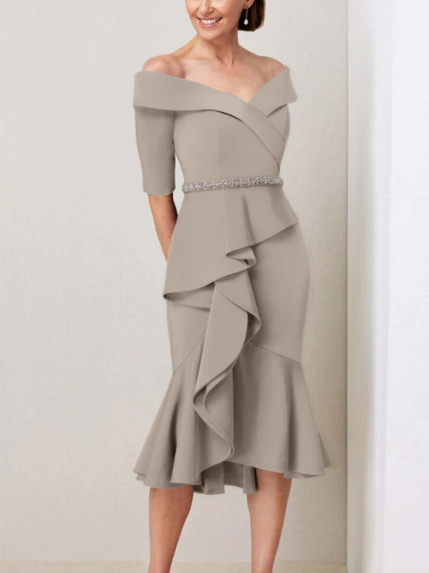 Off-the-Shoulder Beaded and Ruffled Mother of the Bride Sheath Dress with Half Sleeves