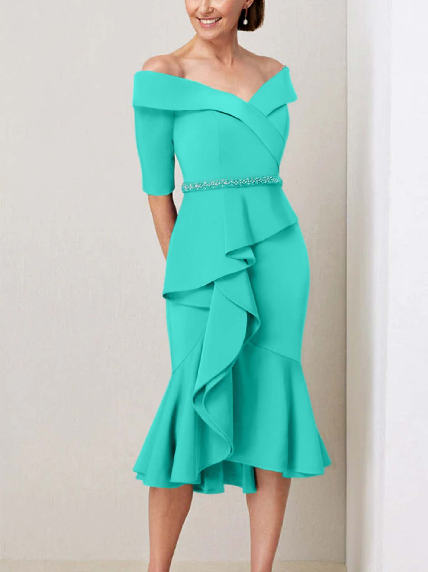Off-the-Shoulder Beaded and Ruffled Mother of the Bride Sheath Dress with Half Sleeves