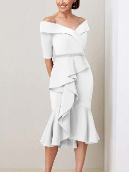 Off-the-Shoulder Beaded and Ruffled Mother of the Bride Sheath Dress with Half Sleeves