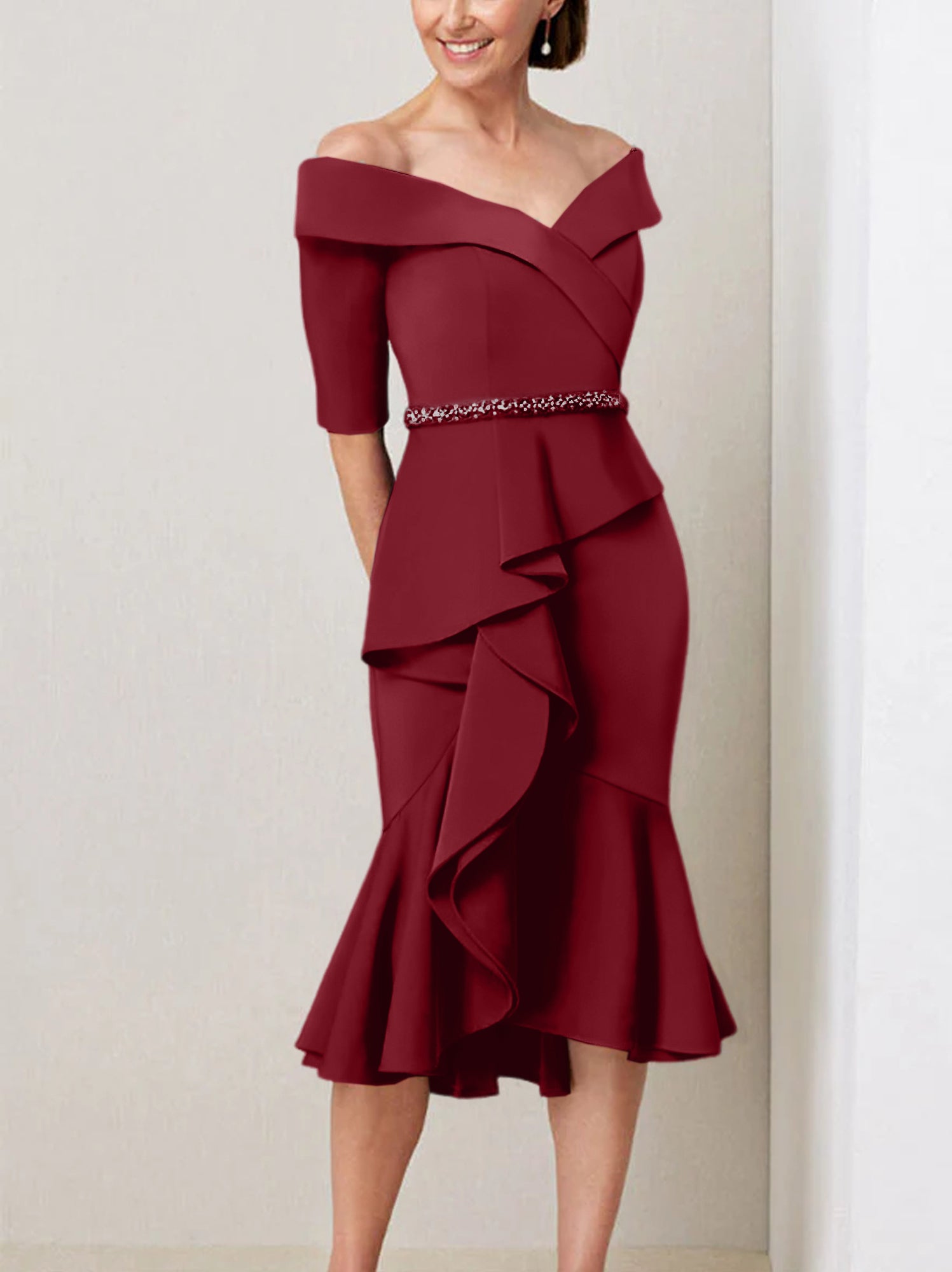Off-the-Shoulder Beaded and Ruffled Mother of the Bride Sheath Dress with Half Sleeves