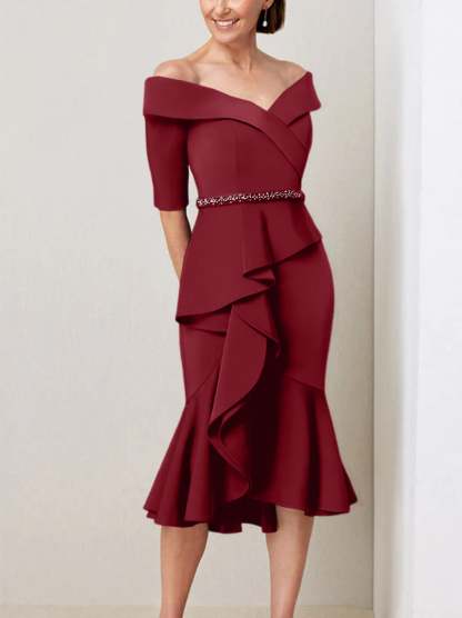 Off-the-Shoulder Beaded and Ruffled Mother of the Bride Sheath Dress with Half Sleeves
